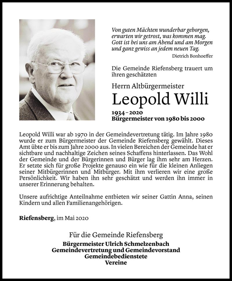  Todesanzeige für Leopold Willi vom 26.05.2020 aus Vorarlberger Nachrichten