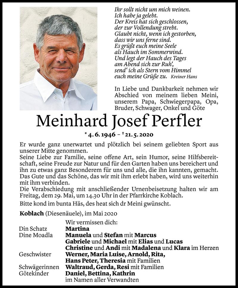  Todesanzeige für Meinhard Josef Perfler vom 26.05.2020 aus Vorarlberger Nachrichten