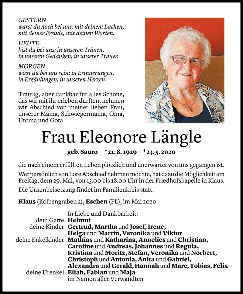  Todesanzeige für Eleonore Längle vom 27.05.2020 aus Vorarlberger Nachrichten