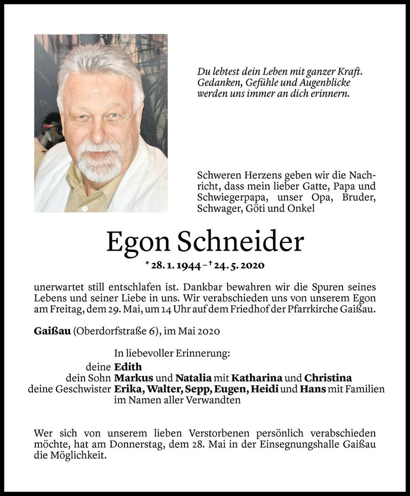  Todesanzeige für Egon Schneider vom 26.05.2020 aus Vorarlberger Nachrichten