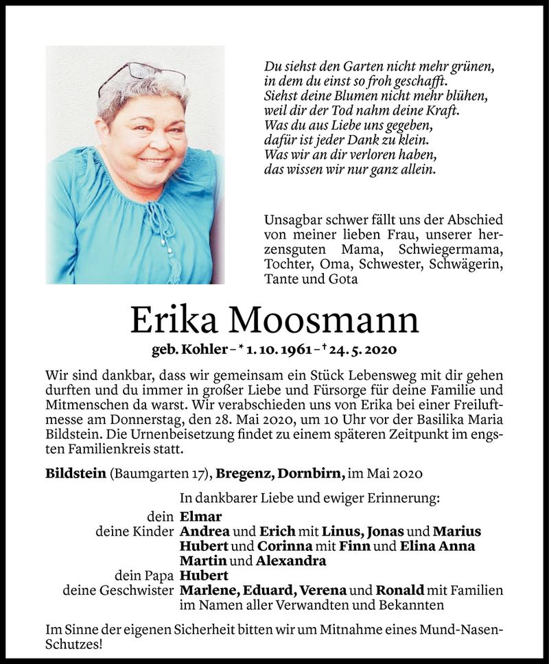  Todesanzeige für Erika Moosmann vom 26.05.2020 aus Vorarlberger Nachrichten