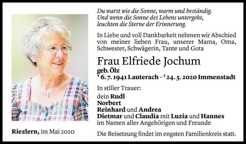  Todesanzeige für Elfriede Jochum vom 26.05.2020 aus Vorarlberger Nachrichten