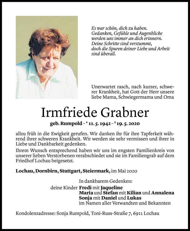  Todesanzeige für Irmfriede Grabner vom 30.05.2020 aus Vorarlberger Nachrichten
