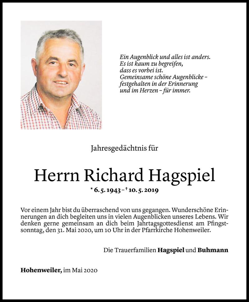  Todesanzeige für Richard Hagspiel vom 29.05.2020 aus Vorarlberger Nachrichten
