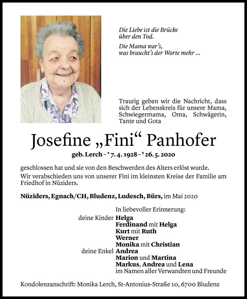  Todesanzeige für Josefine Panhofer vom 30.05.2020 aus Vorarlberger Nachrichten