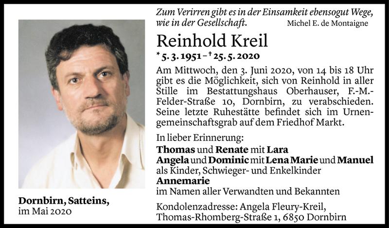 Todesanzeigen Von Reinhold Kreil Todesanzeigen Vorarlberger Nachrichten