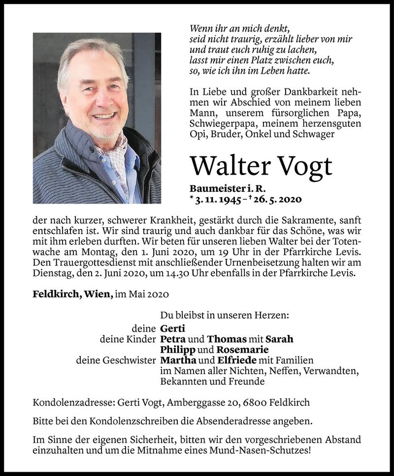  Todesanzeige für Walter Vogt vom 29.05.2020 aus Vorarlberger Nachrichten