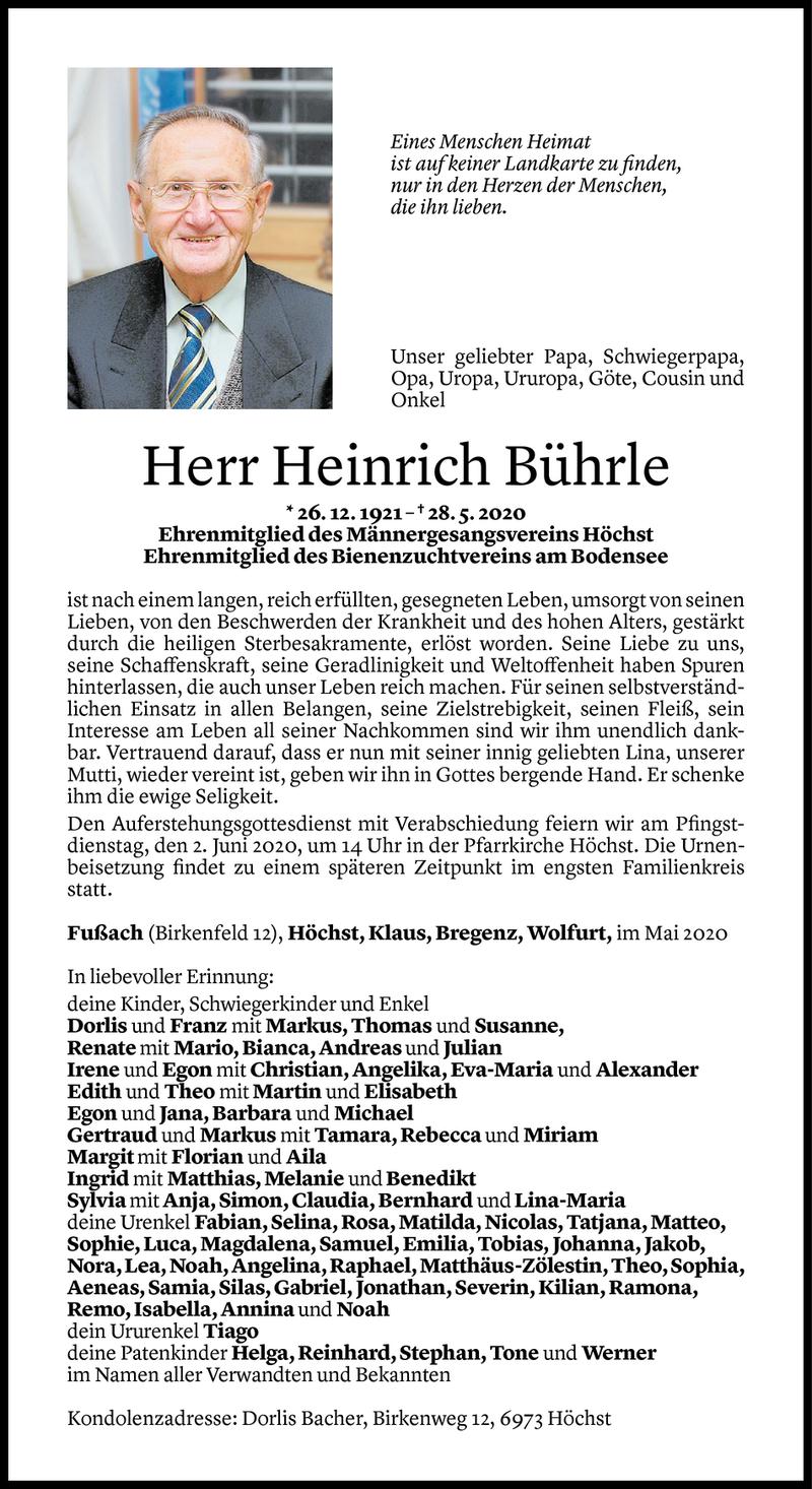  Todesanzeige für Heinrich Bührle vom 30.05.2020 aus Vorarlberger Nachrichten