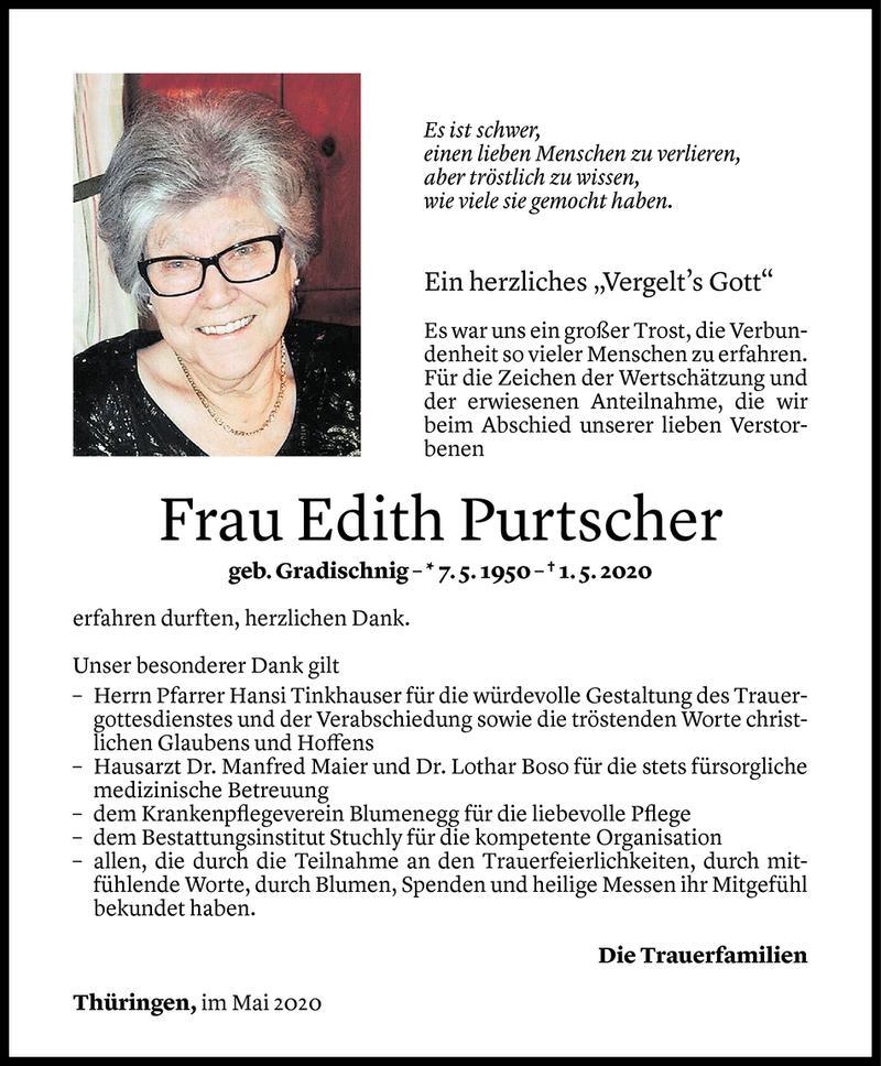  Todesanzeige für Edith Purtscher vom 01.06.2020 aus Vorarlberger Nachrichten