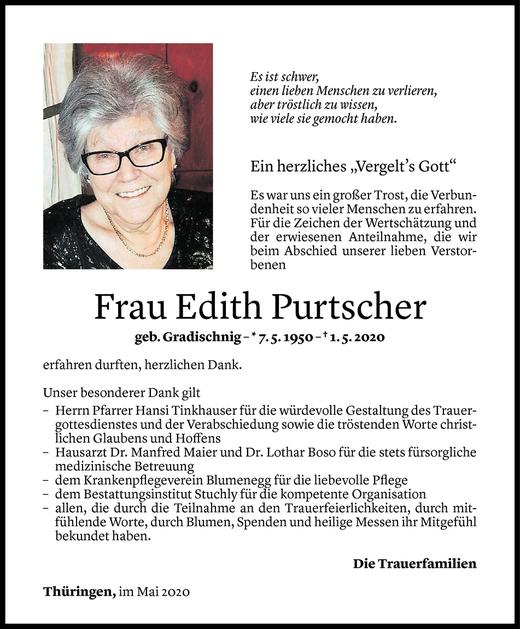 Todesanzeige von Edith Purtscher von Vorarlberger Nachrichten
