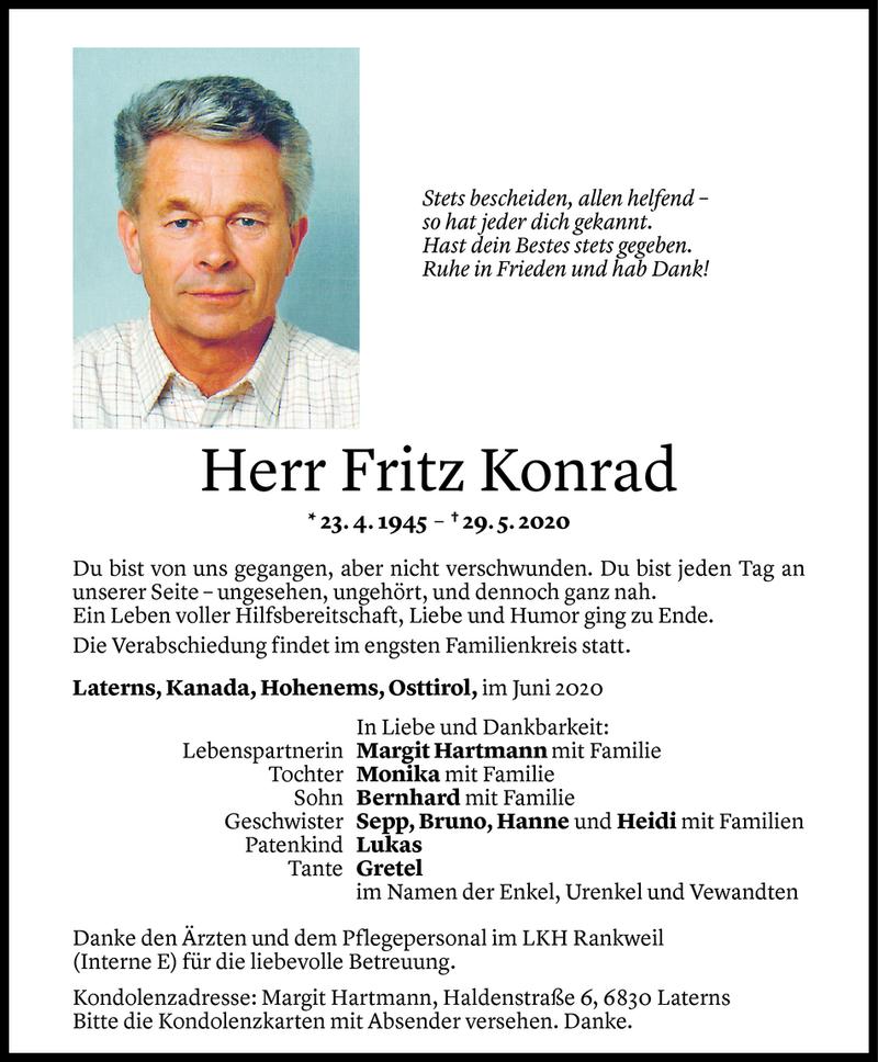  Todesanzeige für Fritz Konrad vom 03.06.2020 aus Vorarlberger Nachrichten