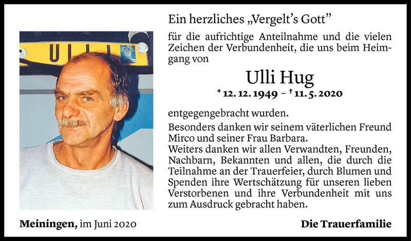  Todesanzeige für Johann Ulrich Hug vom 04.06.2020 aus Vorarlberger Nachrichten