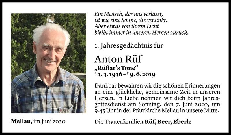  Todesanzeige für Anton Rüf vom 06.06.2020 aus Vorarlberger Nachrichten