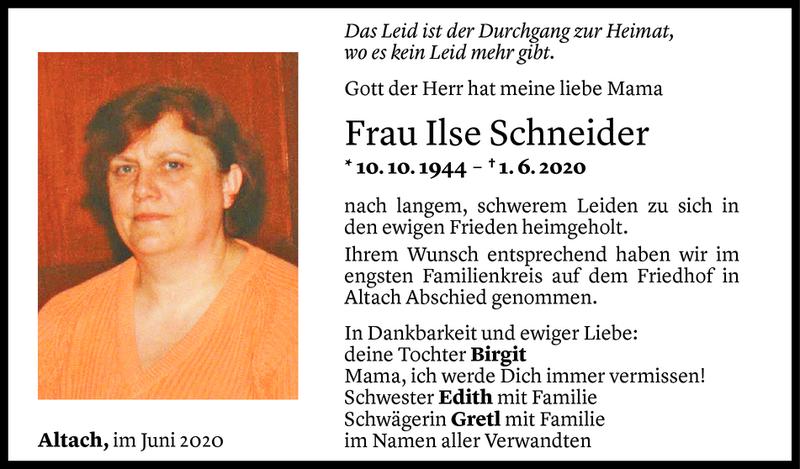  Todesanzeige für Ilse Schneider vom 09.06.2020 aus Vorarlberger Nachrichten