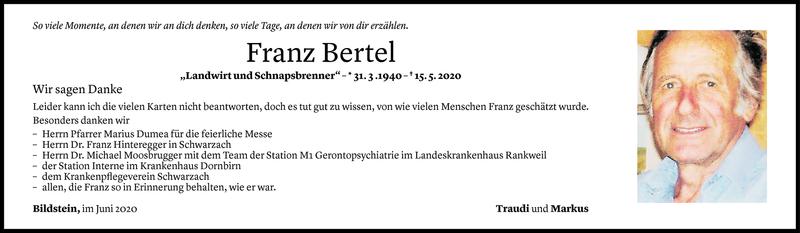  Todesanzeige für Franz Bertel vom 05.06.2020 aus Vorarlberger Nachrichten