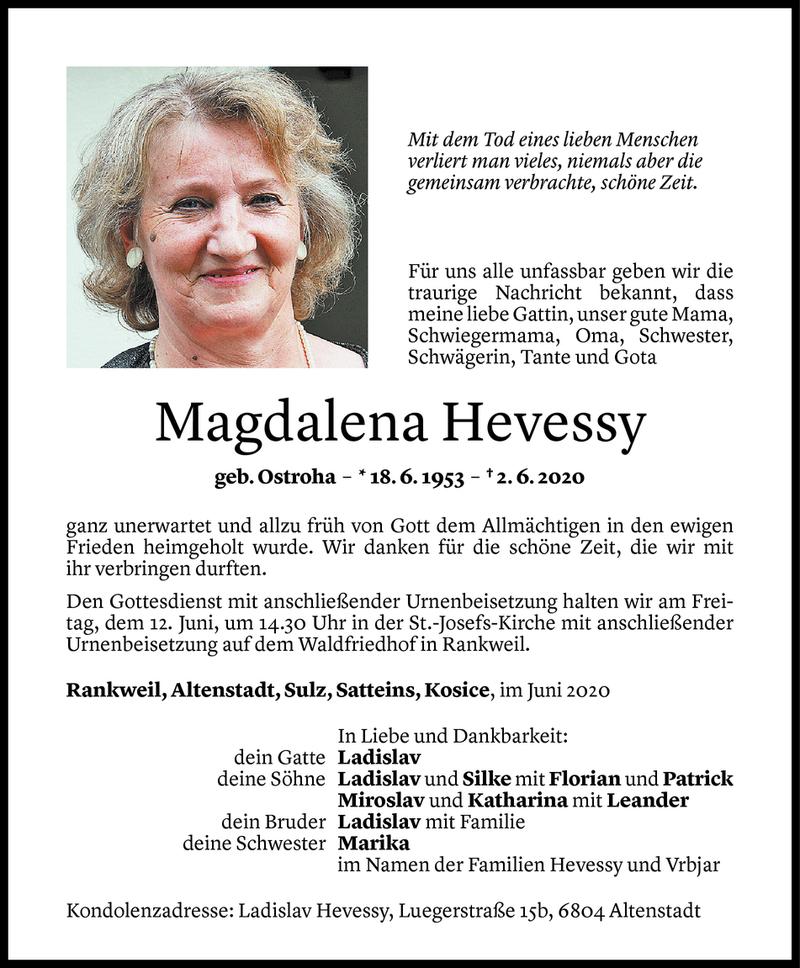  Todesanzeige für Magdalena Hevessy vom 09.06.2020 aus Vorarlberger Nachrichten