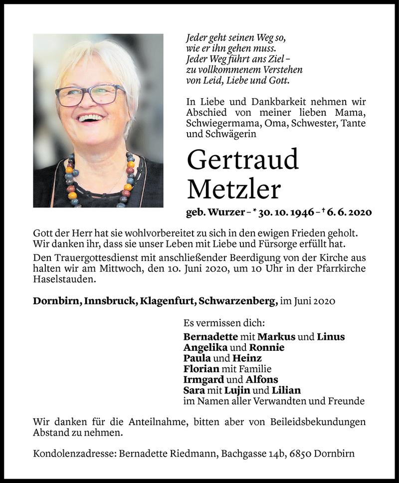  Todesanzeige für Gertraud Metzler vom 09.06.2020 aus Vorarlberger Nachrichten