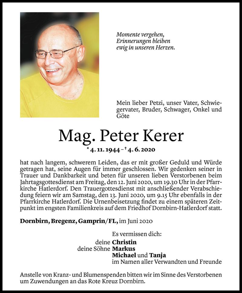  Todesanzeige für Peter Kerer vom 09.06.2020 aus Vorarlberger Nachrichten