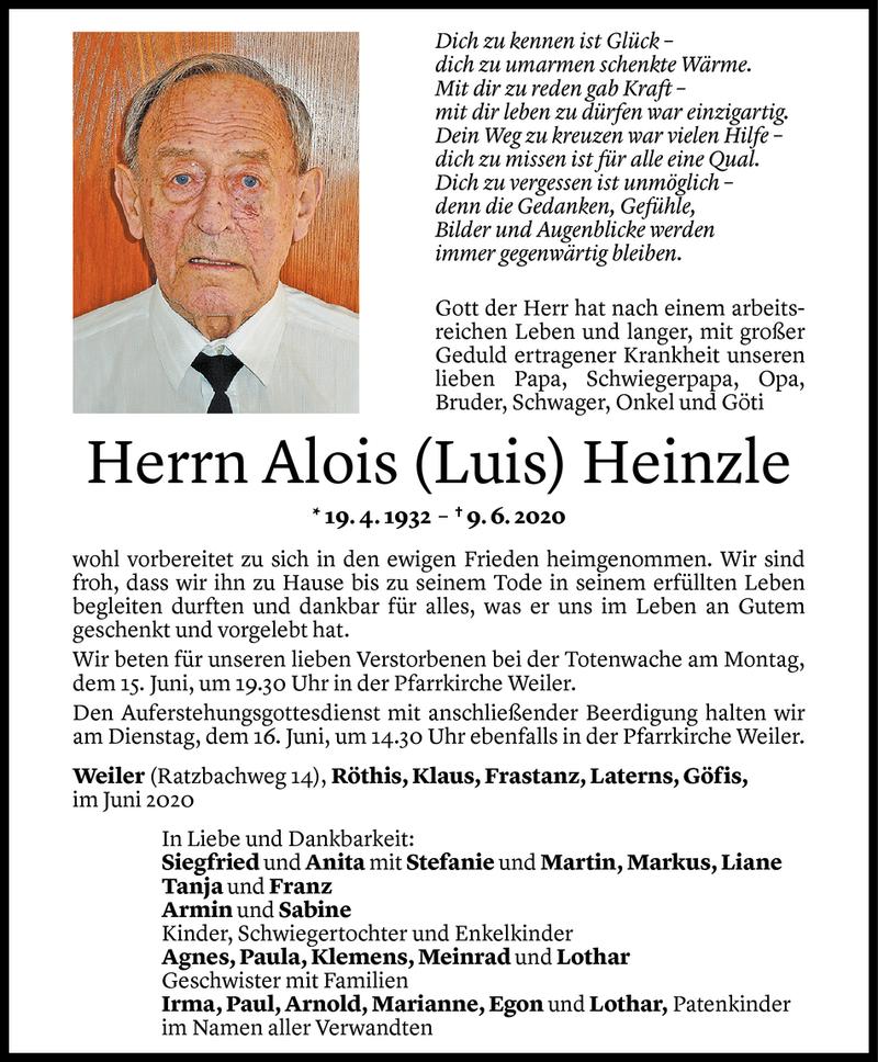  Todesanzeige für Alois Heinzle vom 11.06.2020 aus Vorarlberger Nachrichten