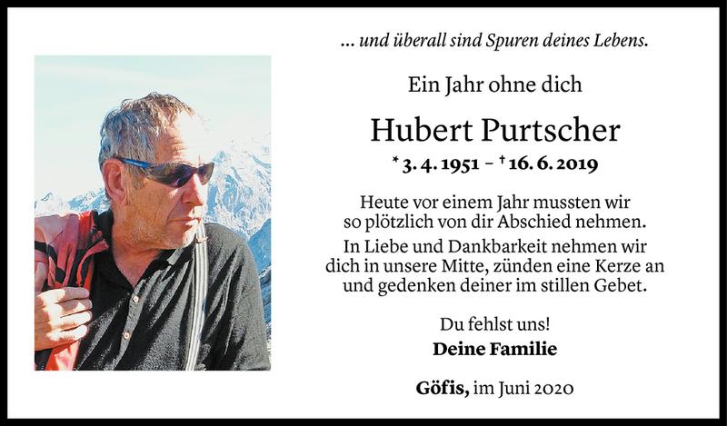  Todesanzeige für Hubert Purtscher vom 16.06.2020 aus Vorarlberger Nachrichten