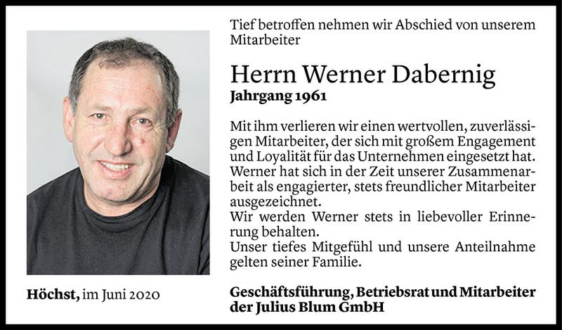  Todesanzeige für Werner Dabernig vom 10.06.2020 aus Vorarlberger Nachrichten