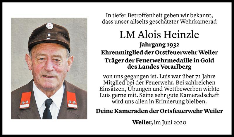  Todesanzeige für Alois Heinzle vom 13.06.2020 aus Vorarlberger Nachrichten