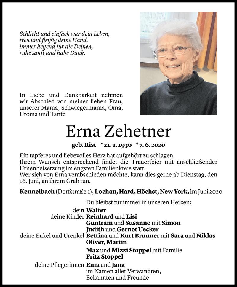  Todesanzeige für Erna Zehetner vom 13.06.2020 aus Vorarlberger Nachrichten