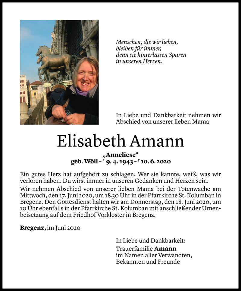  Todesanzeige für Elisabeth Amann vom 12.06.2020 aus Vorarlberger Nachrichten