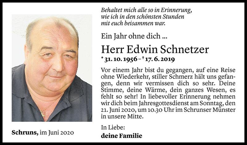  Todesanzeige für Edwin Schnetzer vom 16.06.2020 aus Vorarlberger Nachrichten
