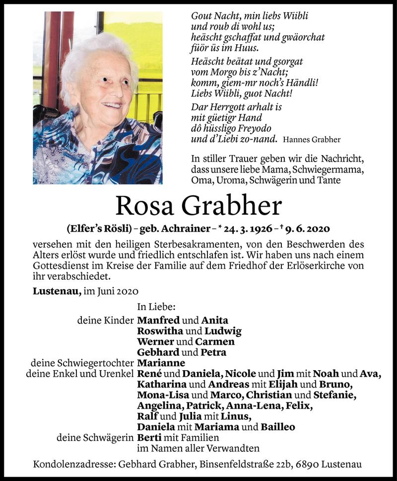  Todesanzeige für Rosa Grabher vom 15.06.2020 aus Vorarlberger Nachrichten