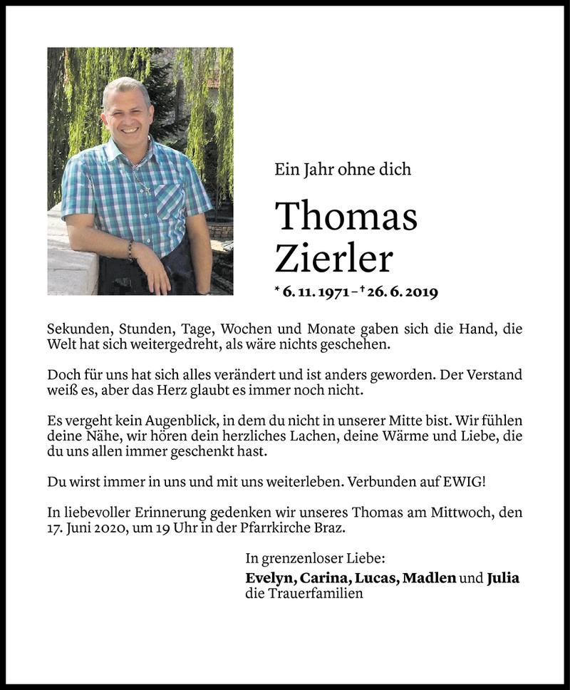  Todesanzeige für Thomas Zierler vom 14.06.2020 aus Vorarlberger Nachrichten