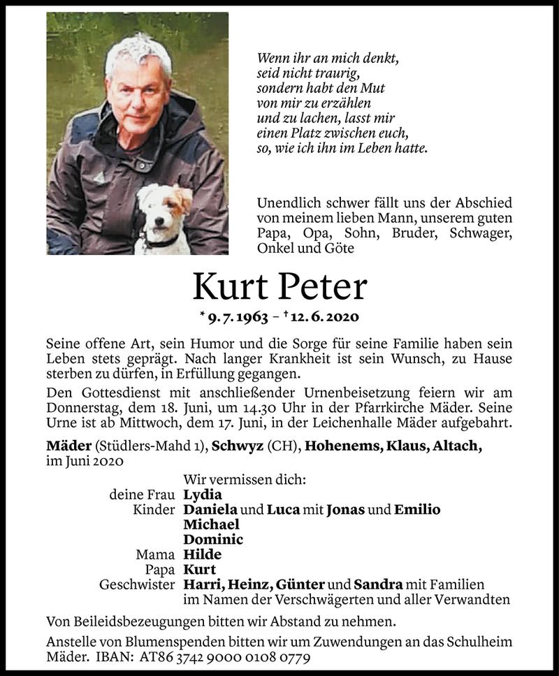  Todesanzeige für Kurt Peter vom 16.06.2020 aus Vorarlberger Nachrichten