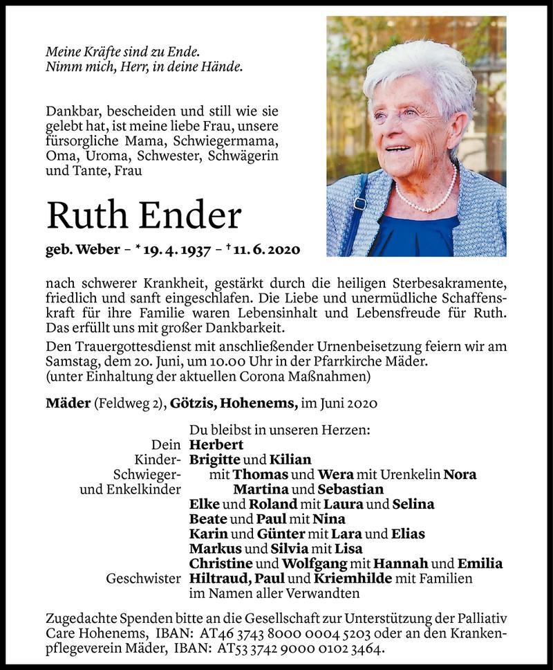  Todesanzeige für Ruth Ender vom 17.06.2020 aus Vorarlberger Nachrichten