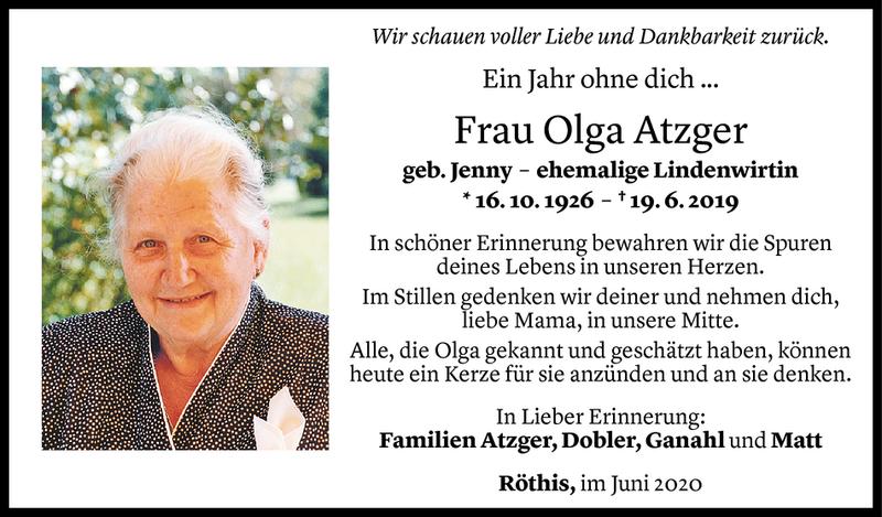  Todesanzeige für Olga Atzger vom 19.06.2020 aus Vorarlberger Nachrichten