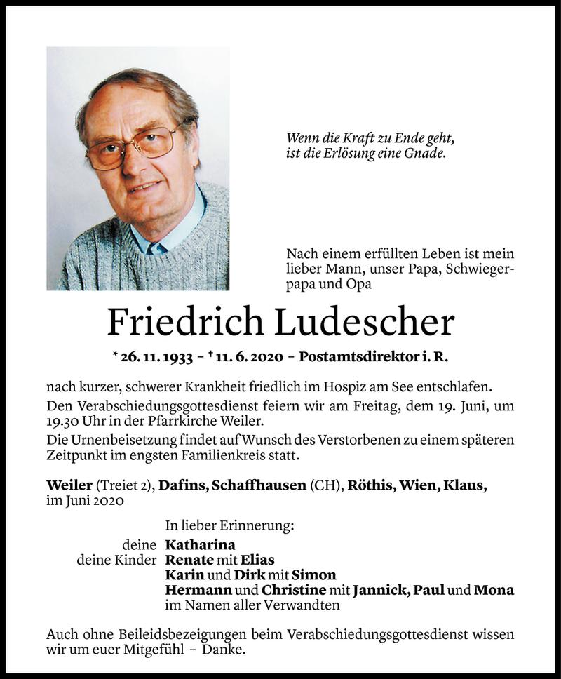  Todesanzeige für Friedrich Ludescher vom 16.06.2020 aus Vorarlberger Nachrichten