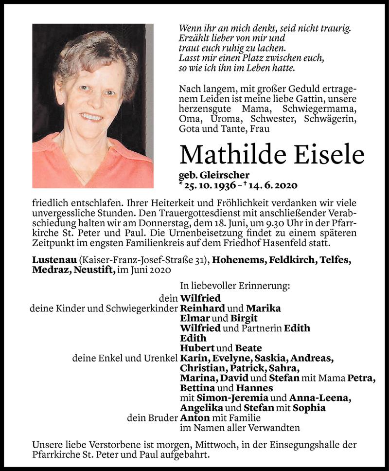  Todesanzeige für Mathilde Eisele vom 16.06.2020 aus Vorarlberger Nachrichten