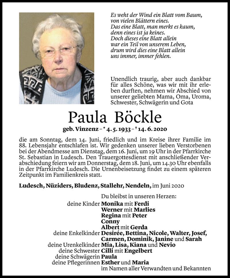  Todesanzeige für Paula Böckle vom 16.06.2020 aus Vorarlberger Nachrichten
