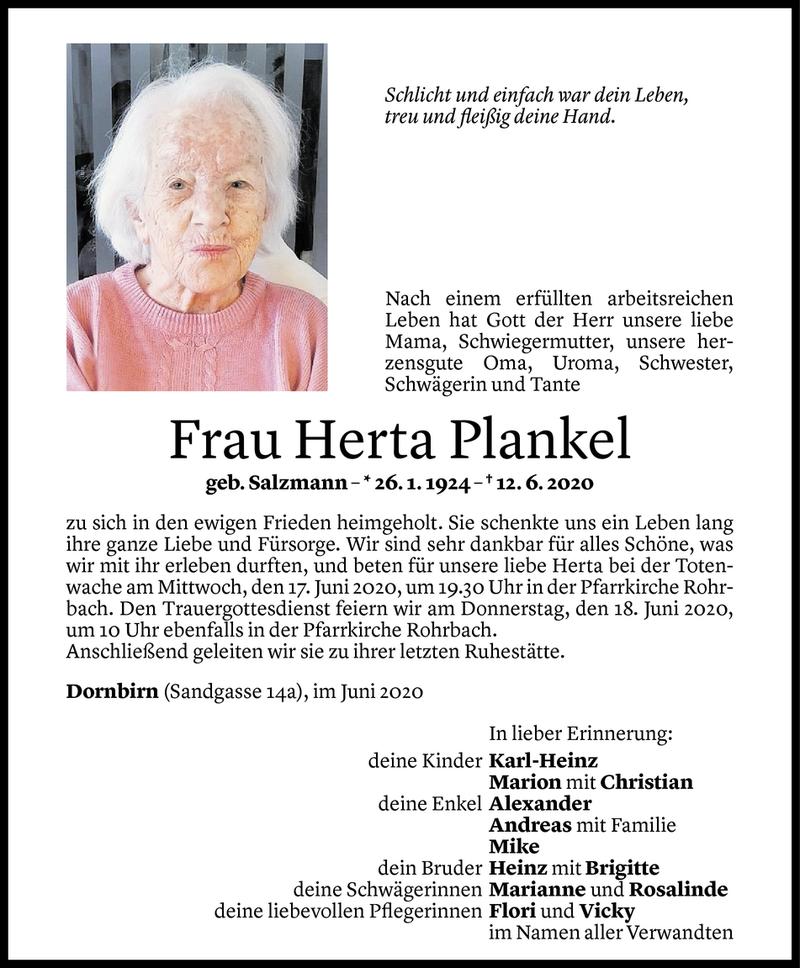  Todesanzeige für Herta Plankel vom 15.06.2020 aus Vorarlberger Nachrichten