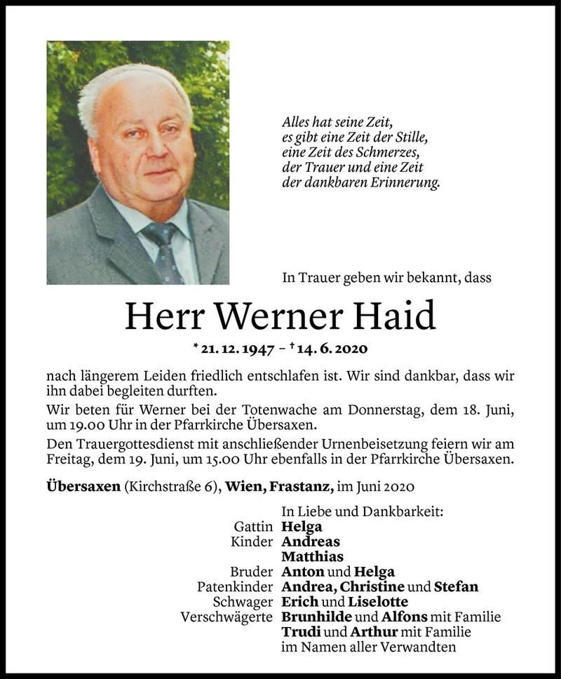  Todesanzeige für Werner Haid vom 17.06.2020 aus Vorarlberger Nachrichten
