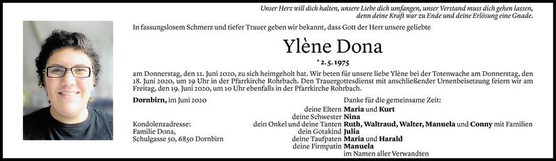  Todesanzeige für Ylene Dona vom 16.06.2020 aus Vorarlberger Nachrichten