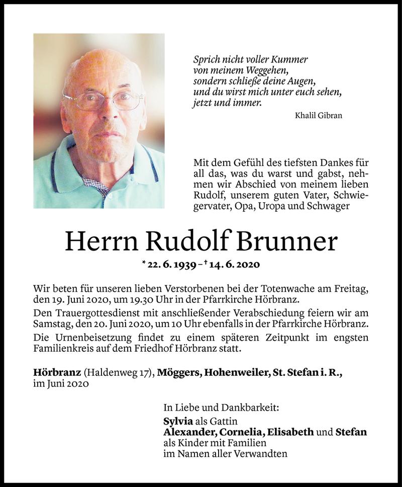  Todesanzeige für Rudolf Brunner vom 16.06.2020 aus Vorarlberger Nachrichten