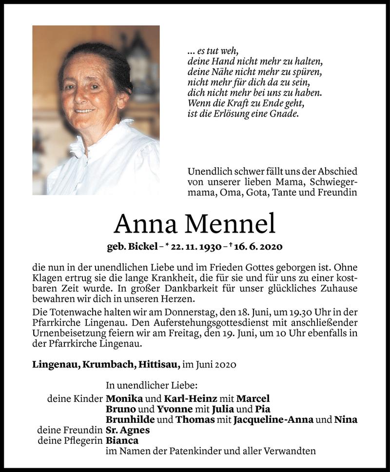  Todesanzeige für Anna Mennel vom 16.06.2020 aus Vorarlberger Nachrichten