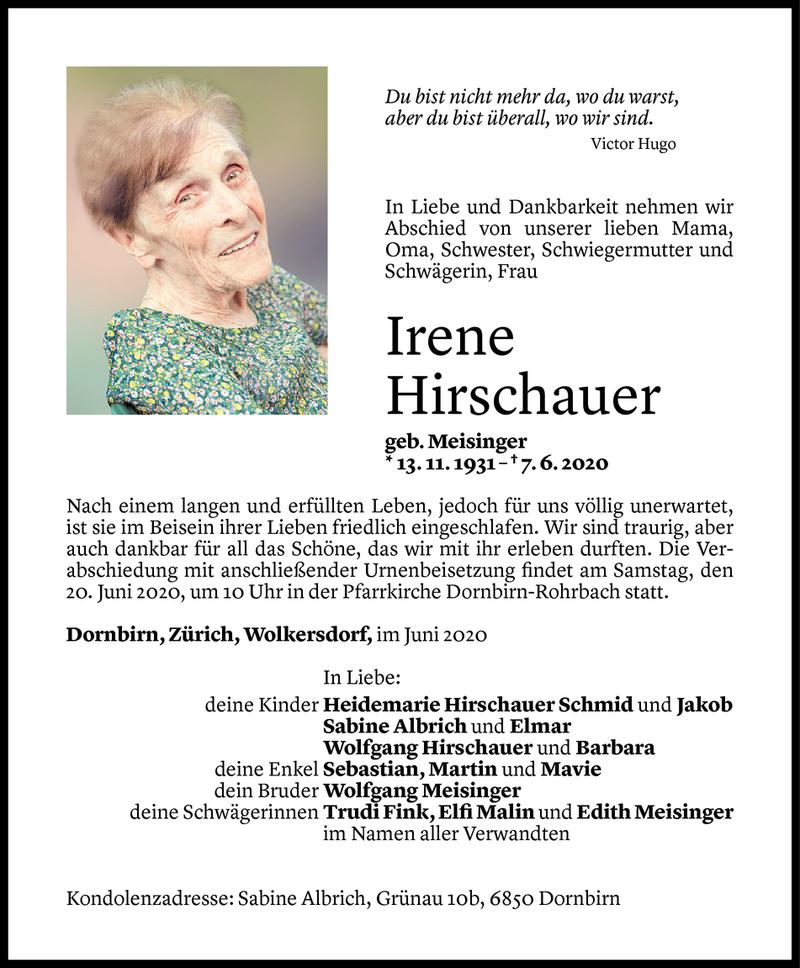  Todesanzeige für Irene Hirschauer vom 16.06.2020 aus Vorarlberger Nachrichten