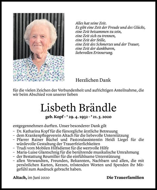 Todesanzeige von Lisbeth Brändle von Vorarlberger Nachrichten