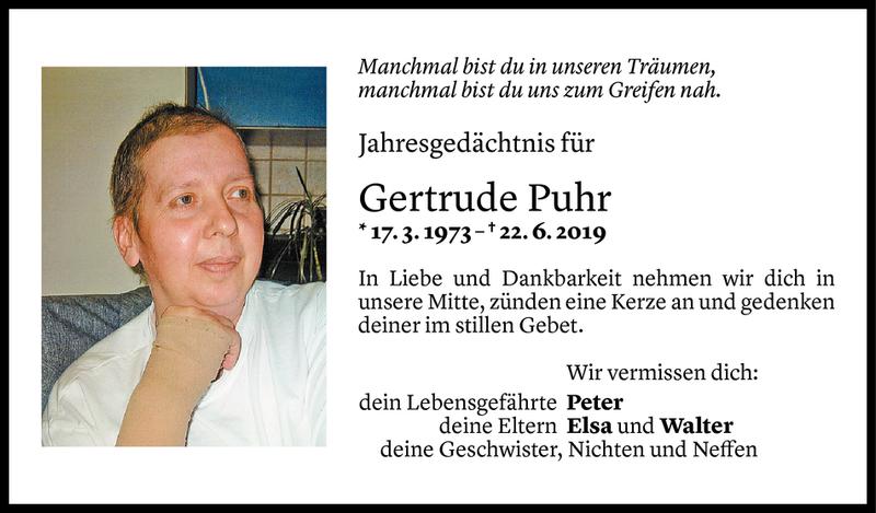  Todesanzeige für Gertrude Puhr vom 21.06.2020 aus Vorarlberger Nachrichten