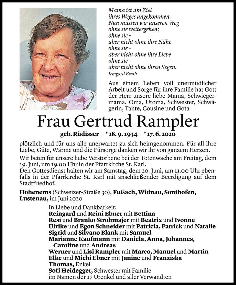  Todesanzeige für Gertrud Rampler vom 18.06.2020 aus Vorarlberger Nachrichten