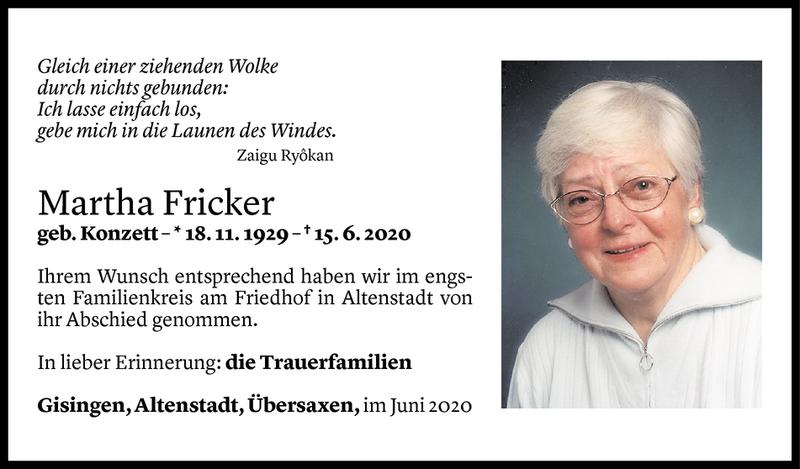  Todesanzeige für Martha Fricker vom 20.06.2020 aus Vorarlberger Nachrichten