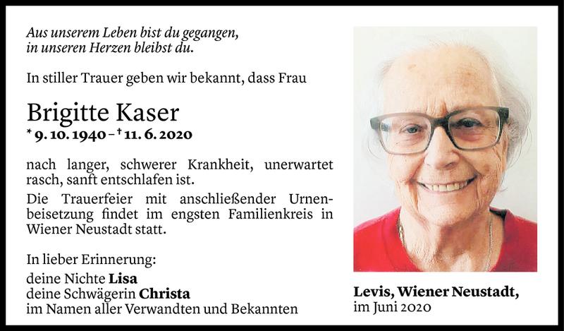  Todesanzeige für Brigitte Kaser vom 20.06.2020 aus Vorarlberger Nachrichten