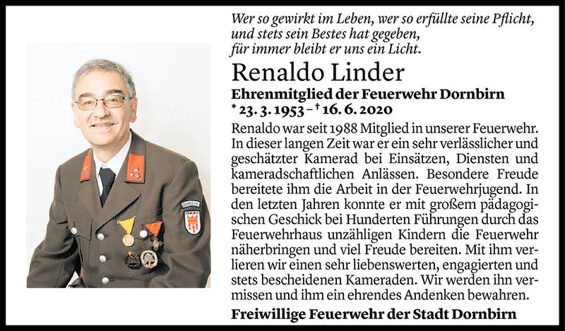  Todesanzeige für Renaldo Linder vom 19.06.2020 aus Vorarlberger Nachrichten