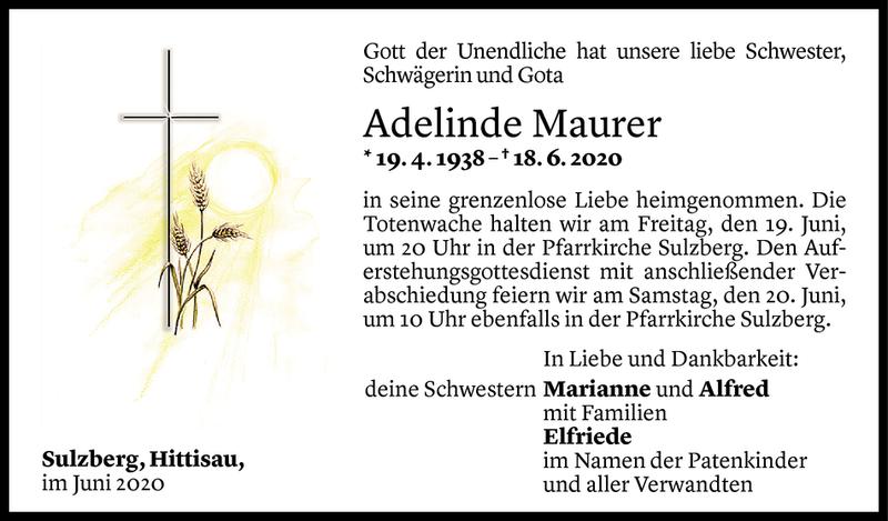  Todesanzeige für Adelinde Maurer vom 18.06.2020 aus Vorarlberger Nachrichten